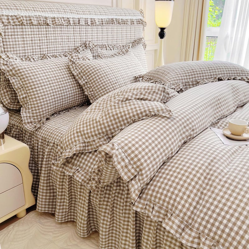 mixinni Tan Gingham Ruffle Duvet Cover Queen Size 3 Pieces â€“ 100% Washed Cotton, Vintage Plaid Ruffled Bedding Set with Zipper Ties, Soft Cream Checkered Grid Farmhouse Chic Comforter Cover Set - Image 2