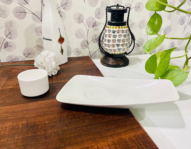 ALTAICA Porcelain Palter with Small Dip Sauce Bowl for Serving Momos | Spring Rolls | Snacks or Chutney Platters with Bowls Set Glossy Finish - Image 2