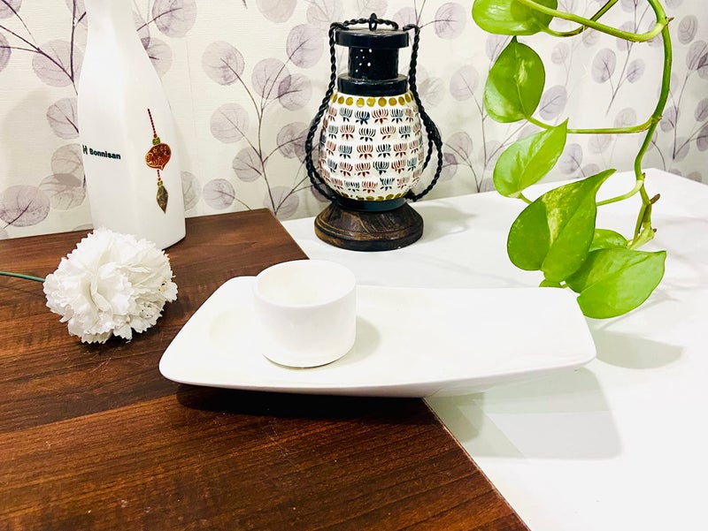 ALTAICA Porcelain Palter with Small Dip Sauce Bowl for Serving Momos | Spring Rolls | Snacks or Chutney Platters with Bowls Set Glossy Finish - Image 1