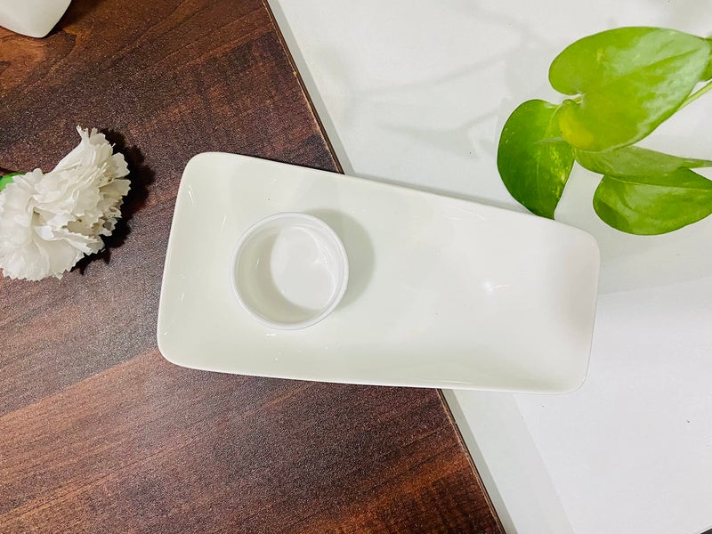 ALTAICA Porcelain Palter with Small Dip Sauce Bowl for Serving Momos | Spring Rolls | Snacks or Chutney Platters with Bowls Set Glossy Finish - Image 4