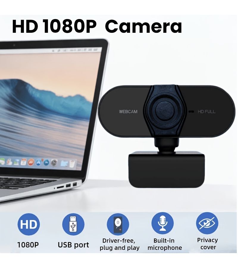 كاميرا ويب USB عالية الوضوح 1080P باللون الأسود مع غطاء للخصوصية وميكروفون مدمج لإلغاء الضوضاء وتركيز ثابت للاستخدام في الدورات عبر الإنترنت والعمل عن بُعد والألعاب والبث المباشر (موديل M6) - Image 2