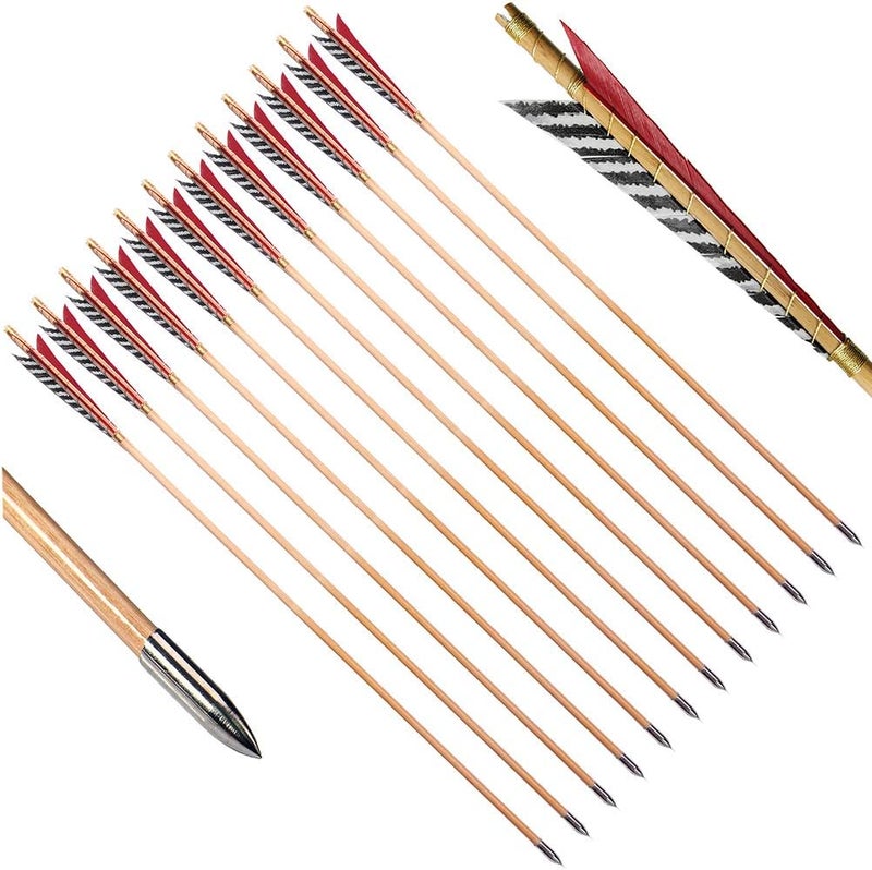PG1ARCHERY Archery Wooden English Longbow Arrows Practice Targeting Arrow 5.8" Turkey Feathers Fletching with Bullet Points for Recurve & Traditional Bow - Image 4