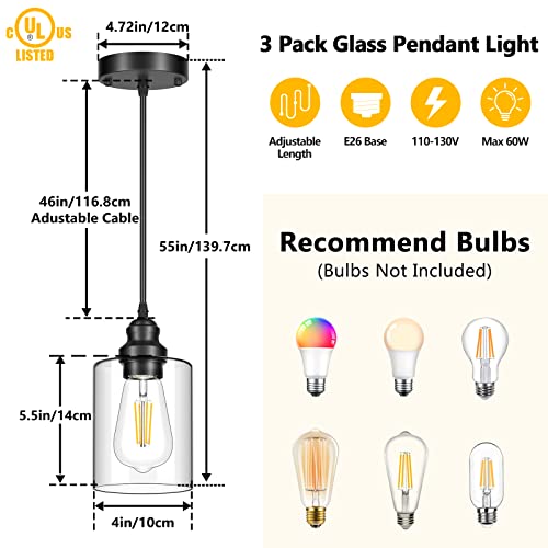 Licperron 3 Pack Hanging Pendant Lighting Fixtures, Adjustable Black Hanging Ceiling Lamp with Clear Glass Shade, Modern Pendant Light for Kitchen Island, Dining Room, Bedroom, Hallway - Image 2