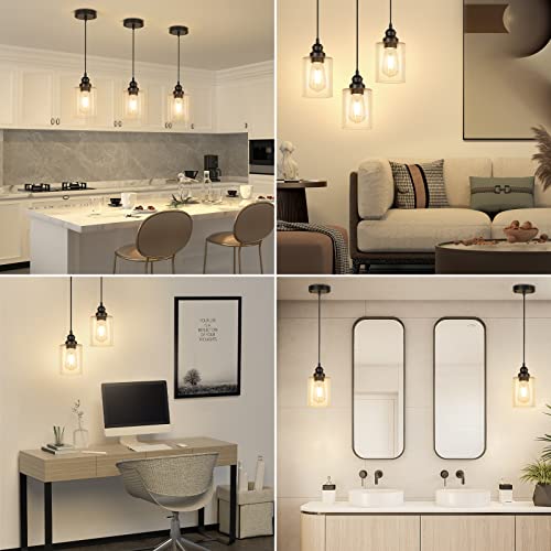 Licperron 3 Pack Hanging Pendant Lighting Fixtures, Adjustable Black Hanging Ceiling Lamp with Clear Glass Shade, Modern Pendant Light for Kitchen Island, Dining Room, Bedroom, Hallway - Image 5