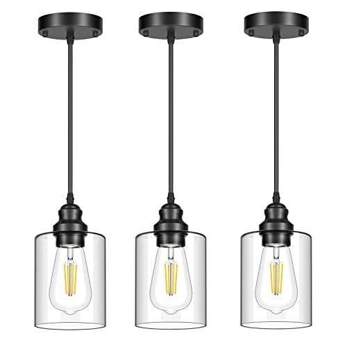 Licperron 3 Pack Hanging Pendant Lighting Fixtures, Adjustable Black Hanging Ceiling Lamp with Clear Glass Shade, Modern Pendant Light for Kitchen Island, Dining Room, Bedroom, Hallway - Image 1