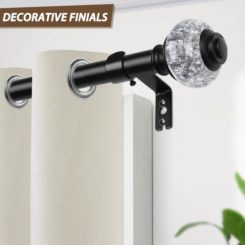USFOOK 1 Inch Curtain Rods 72 to 144 Inches (6 to 12 ft) Telescoping Single Drapery Rod, USFOOK Black Curtain Rods for Windows 69 to 140 Inches, Decorative Translucent Finials - Image 2