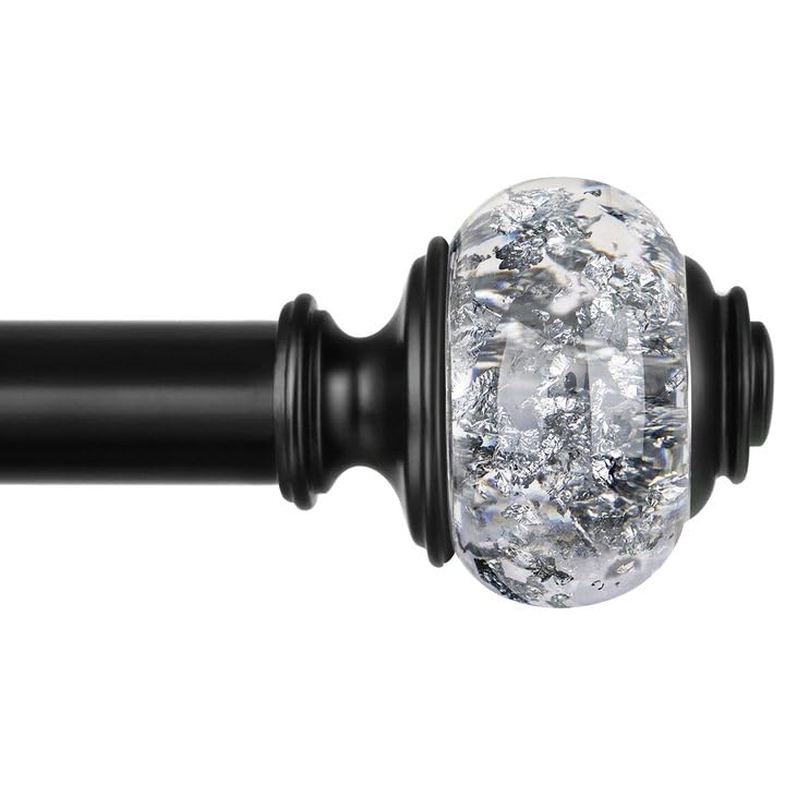 USFOOK 1 Inch Curtain Rods 72 to 144 Inches (6 to 12 ft) Telescoping Single Drapery Rod, USFOOK Black Curtain Rods for Windows 69 to 140 Inches, Decorative Translucent Finials - Image 1