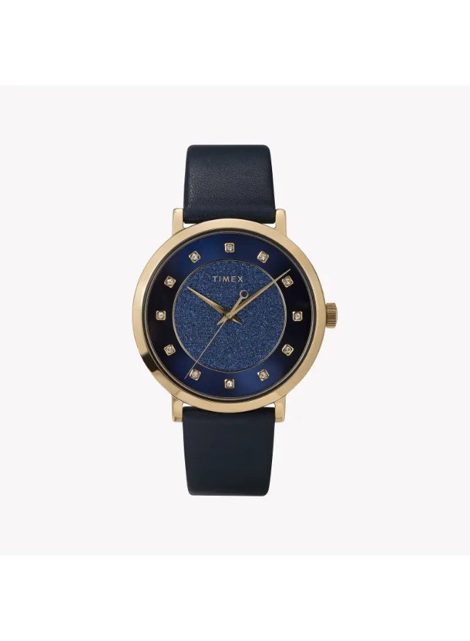 تيميكس ساعة TIMEX للنساء بهيكل نحاسية ذهبية وسوار جلد أزرق - Image 1