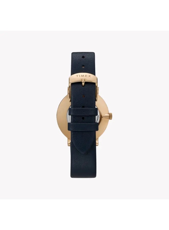 تيميكس ساعة TIMEX للنساء بهيكل نحاسية ذهبية وسوار جلد أزرق - Image 3