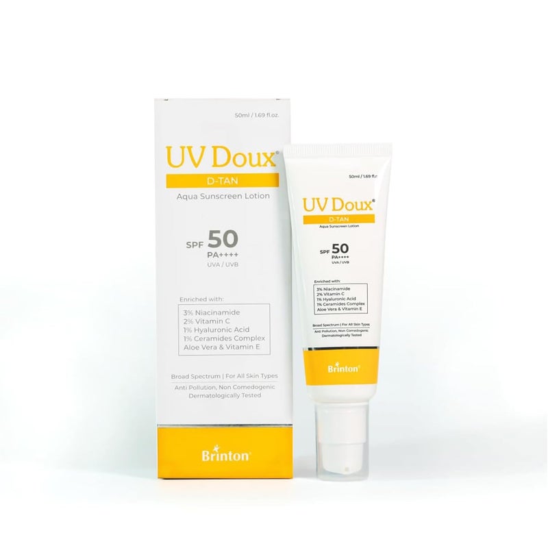 Brinton UV Doux DTan Aqua Sunscreen Lotion Enriched with Enriched with 3 Niacinamide 2 Vitamin C 1 Hyaluronic Acid 1 Ceramide Aloe Vera Vitamin E SPF 50 PA Broad Spectrum 50 ml - Image 1
