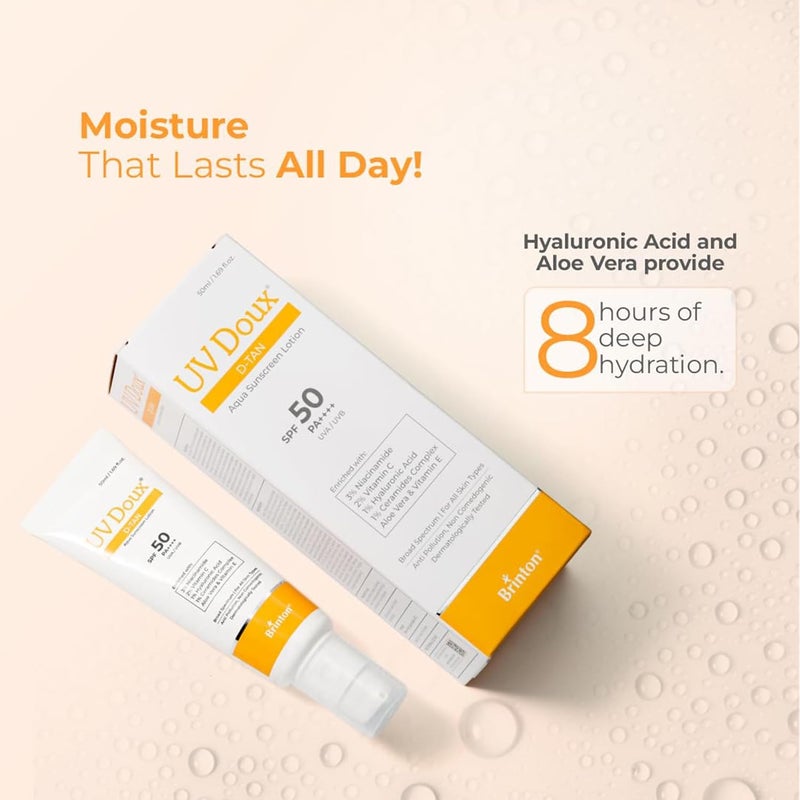 Brinton UV Doux DTan Aqua Sunscreen Lotion Enriched with Enriched with 3 Niacinamide 2 Vitamin C 1 Hyaluronic Acid 1 Ceramide Aloe Vera Vitamin E SPF 50 PA Broad Spectrum 50 ml - Image 4