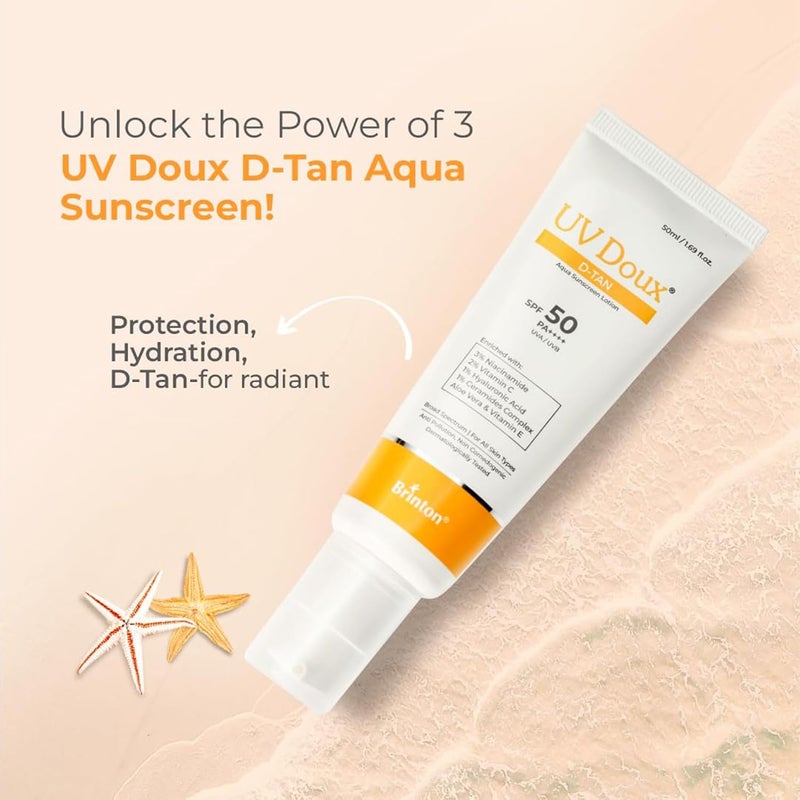 Brinton UV Doux DTan Aqua Sunscreen Lotion Enriched with Enriched with 3 Niacinamide 2 Vitamin C 1 Hyaluronic Acid 1 Ceramide Aloe Vera Vitamin E SPF 50 PA Broad Spectrum 50 ml - Image 2