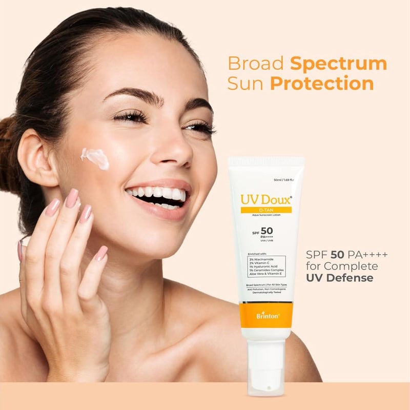 Brinton UV Doux DTan Aqua Sunscreen Lotion Enriched with Enriched with 3 Niacinamide 2 Vitamin C 1 Hyaluronic Acid 1 Ceramide Aloe Vera Vitamin E SPF 50 PA Broad Spectrum 50 ml - Image 3