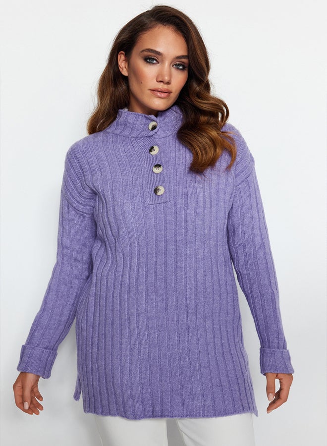 trendyol Lilac Collar Buttoned Ribbed Knitwear Sweater - Image 2