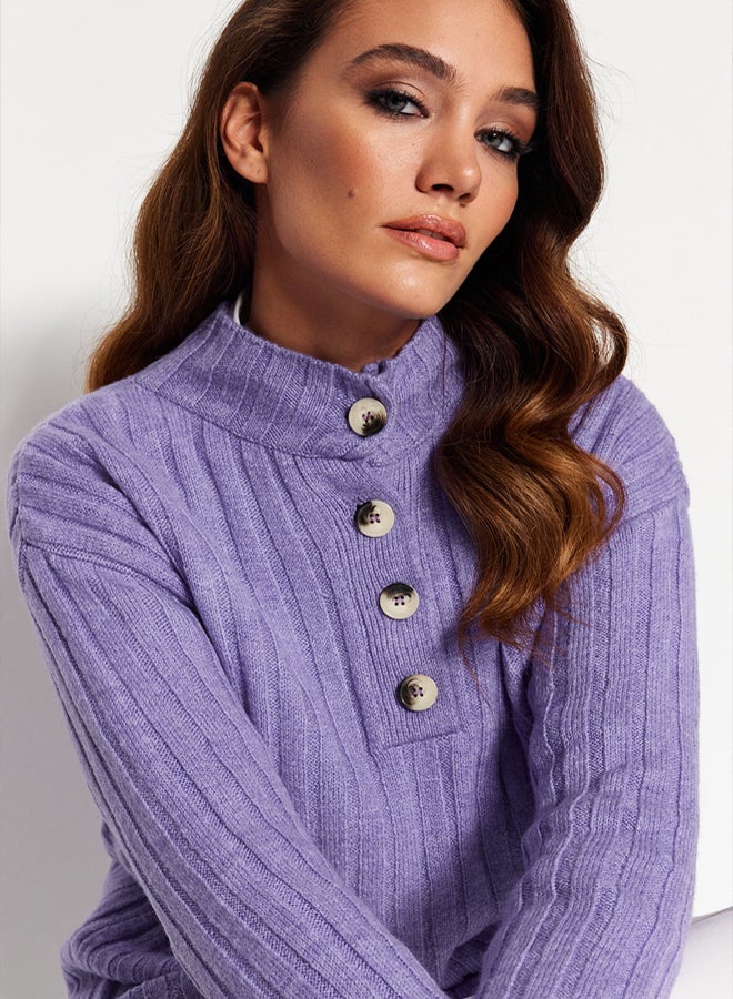 trendyol Lilac Collar Buttoned Ribbed Knitwear Sweater - Image 3
