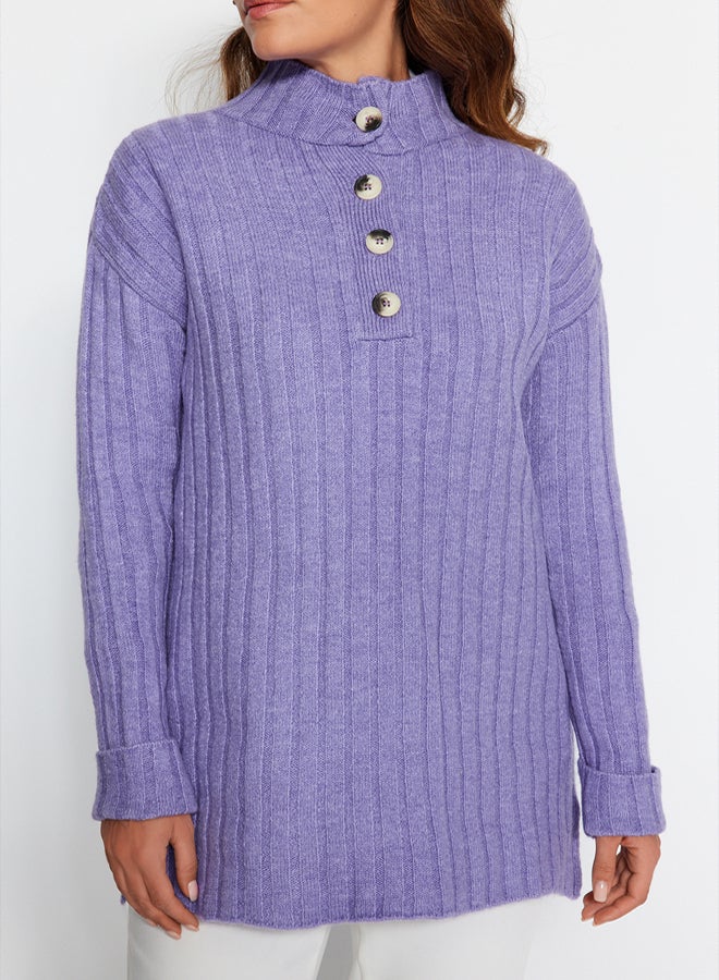 trendyol Lilac Collar Buttoned Ribbed Knitwear Sweater - Image 4