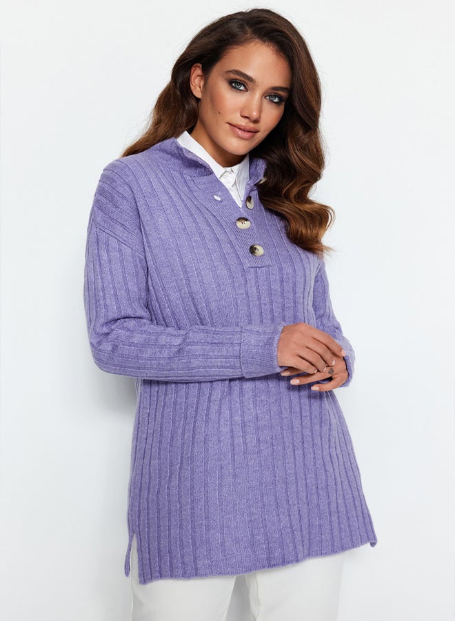 trendyol Lilac Collar Buttoned Ribbed Knitwear Sweater - Image 1