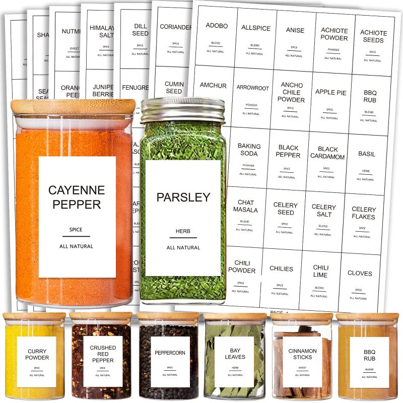 GPOVVIMX 191 Spice Jar Labels Preprinted Minimalist Stickers - White Waterproof Label - Fit Round or Rectangle Spice Jars - Herb Seasoning Kitchen Pantry Labels - Image 1