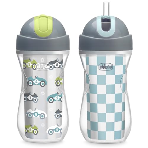 Chicco Insulated Straw Sippy Cup 12 Months 9oz Toddler Training Cup with SpillFree FlipTop Lid BPAFree 2Pack CarsCheckers - Image 1