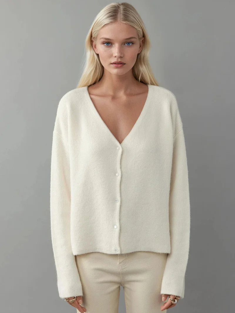 HICCUP Beige Natural Ultra Soft V-neck Buttoned Dual-use Cardigan for Women | Best Price UAE