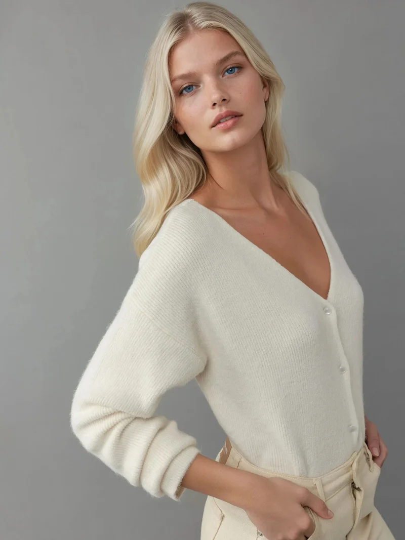 HICCUP Beige Natural Ultra Soft V-neck Buttoned Dual-use Cardigan for Women | Best Price UAE