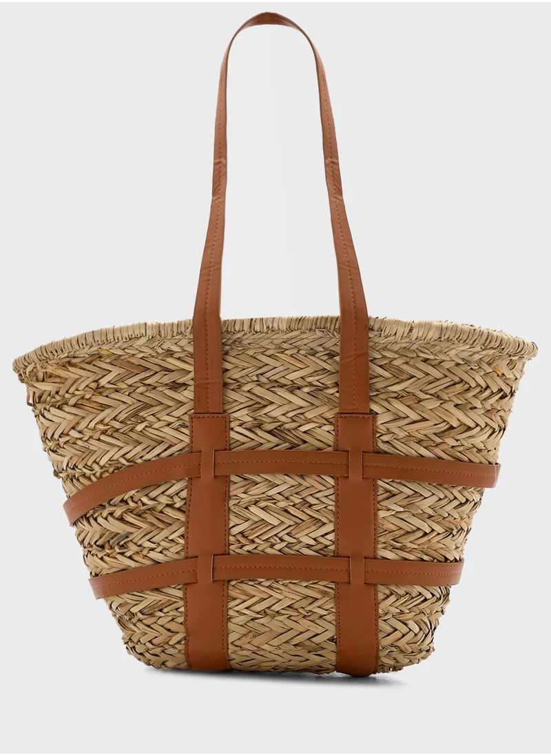 ELLA Raffia Color Block Beach Tote Bag