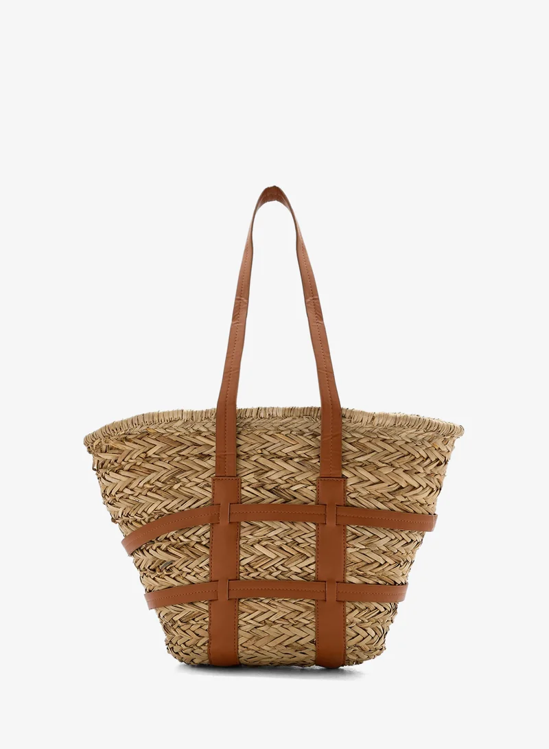 Raffia Color Block Beach Tote Bag