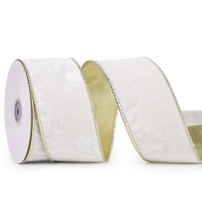 DINDOSAL White Velvet Ribbon Wired 25 x 10 Yards White Christmas Ribbon with Gold Backside Wired Christmas Tree Ribbon for Wreaths Bows Crafts Home Decor Gift Wrapping