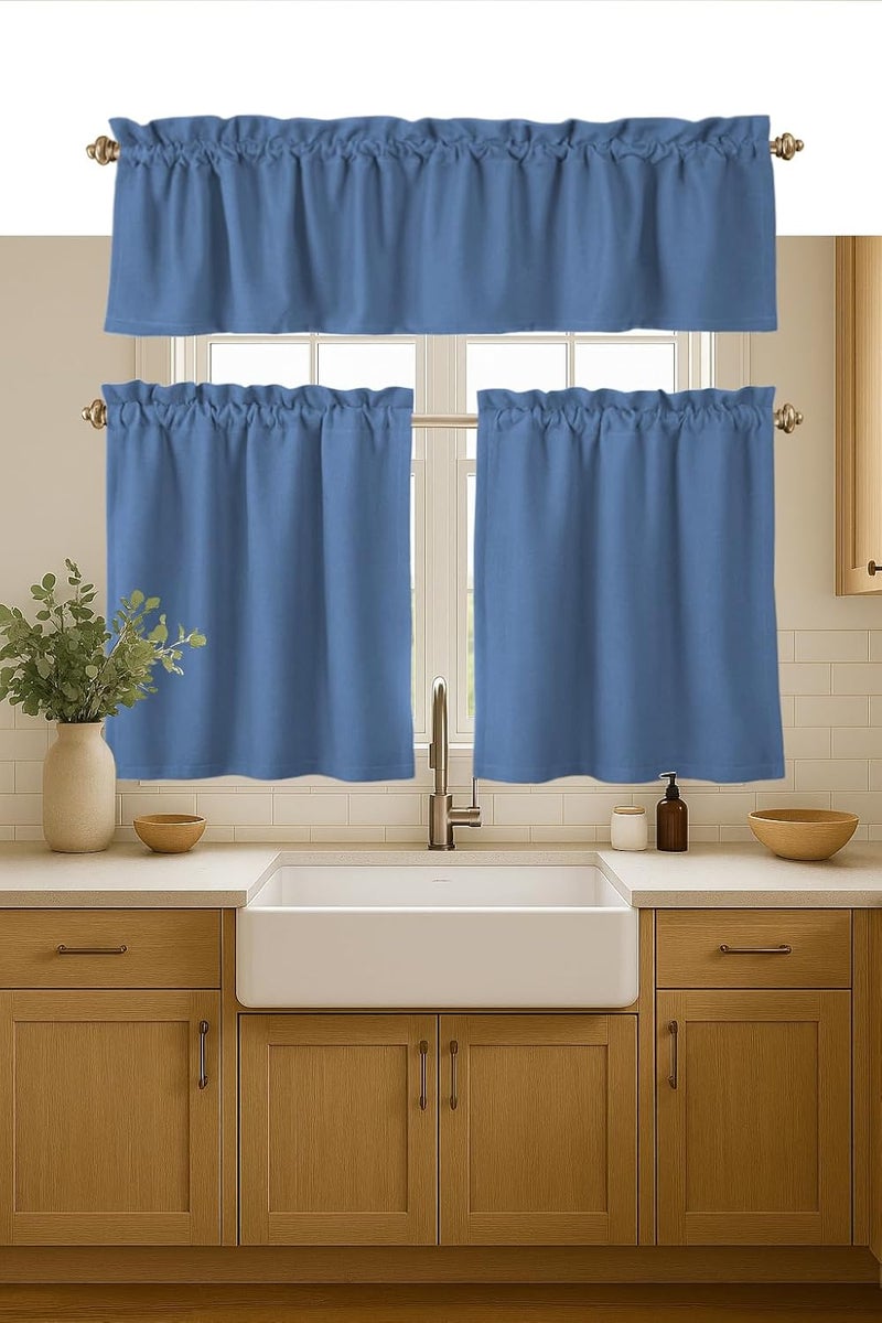 Native Fab 3 Piece Window Curtain Tiers 26"x36" and Valance 54"x18" Set - Rod Pocket - Semi Sheer - Short Curtain for Kitchen, Cafe, Living Room - Sky Blue - Image 1