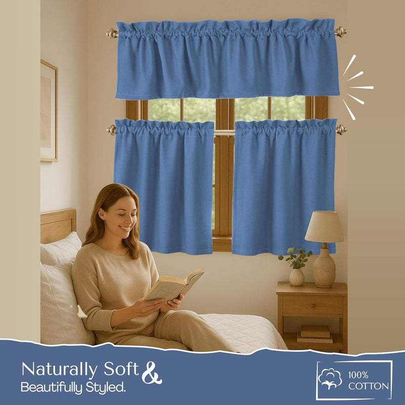 Native Fab 3 Piece Window Curtain Tiers 26"x36" and Valance 54"x18" Set - Rod Pocket - Semi Sheer - Short Curtain for Kitchen, Cafe, Living Room - Sky Blue - Image 4