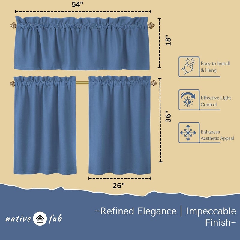 Native Fab 3 Piece Window Curtain Tiers 26"x36" and Valance 54"x18" Set - Rod Pocket - Semi Sheer - Short Curtain for Kitchen, Cafe, Living Room - Sky Blue - Image 3