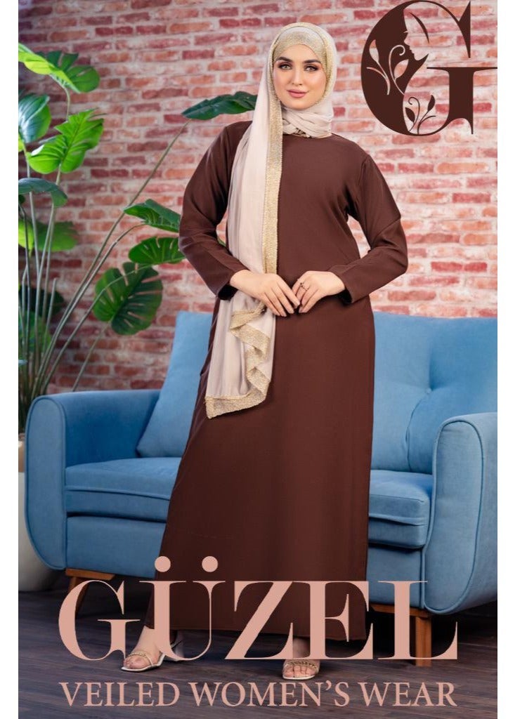 جوزيل بيزك دريس حريمى كريب روزالين خامة مستوردة درجة أولى من جوزيل - لايصف ولا يشف -كم لون بنى - Image 1