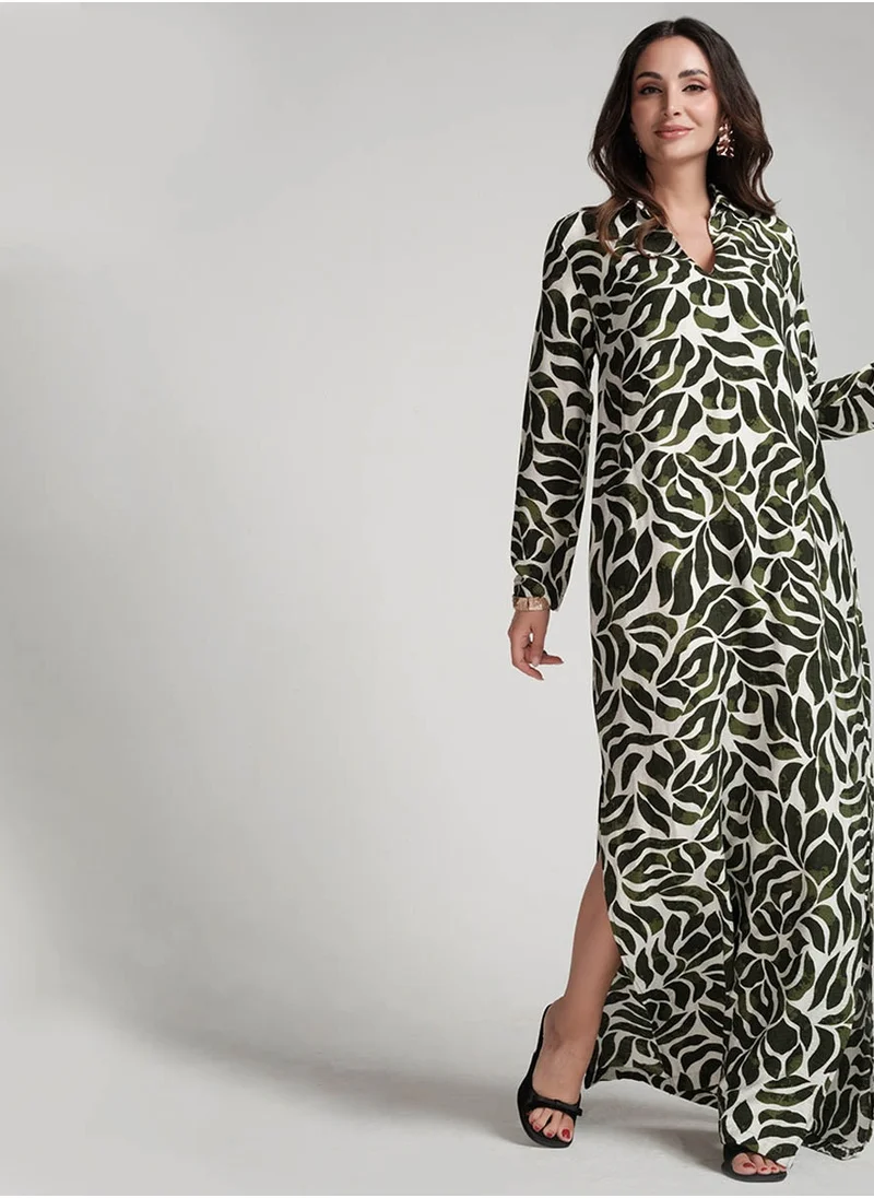 Zigzag Green Printed Dress With Side Pockets