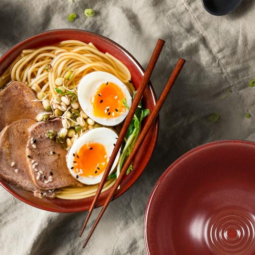 NUTRIUPS 8 Inch Ceramic Ramen Bowl Set of 2 Pho Bowls 40oz Japanese Noodle Udon Soup Bowls with Spoons and Chopsticks (Rusty Red Brown) - Image 3