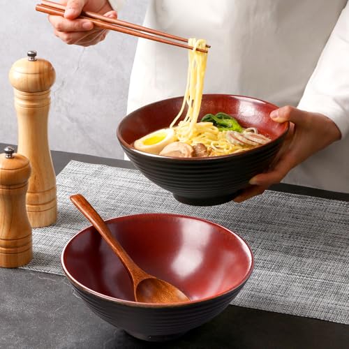 NUTRIUPS 8 Inch Ceramic Ramen Bowl Set of 2 Pho Bowls 40oz Japanese Noodle Udon Soup Bowls with Spoons and Chopsticks (Rusty Red Brown) - Image 4