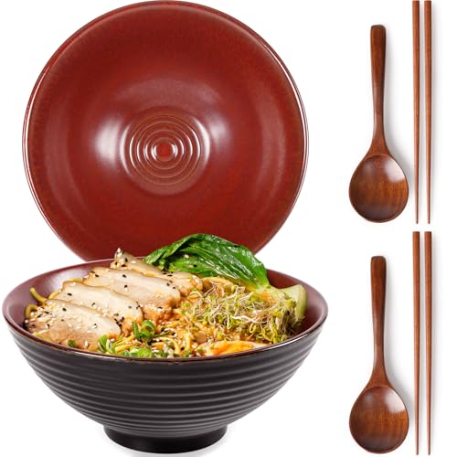 NUTRIUPS 8 Inch Ceramic Ramen Bowl Set of 2 Pho Bowls 40oz Japanese Noodle Udon Soup Bowls with Spoons and Chopsticks (Rusty Red Brown) - Image 1