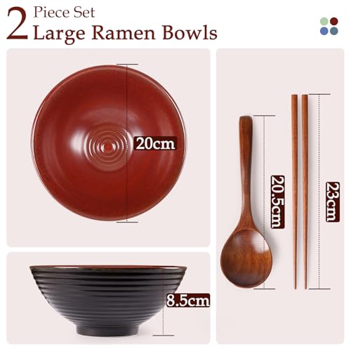 NUTRIUPS 8 Inch Ceramic Ramen Bowl Set of 2 Pho Bowls 40oz Japanese Noodle Udon Soup Bowls with Spoons and Chopsticks (Rusty Red Brown) - Image 2