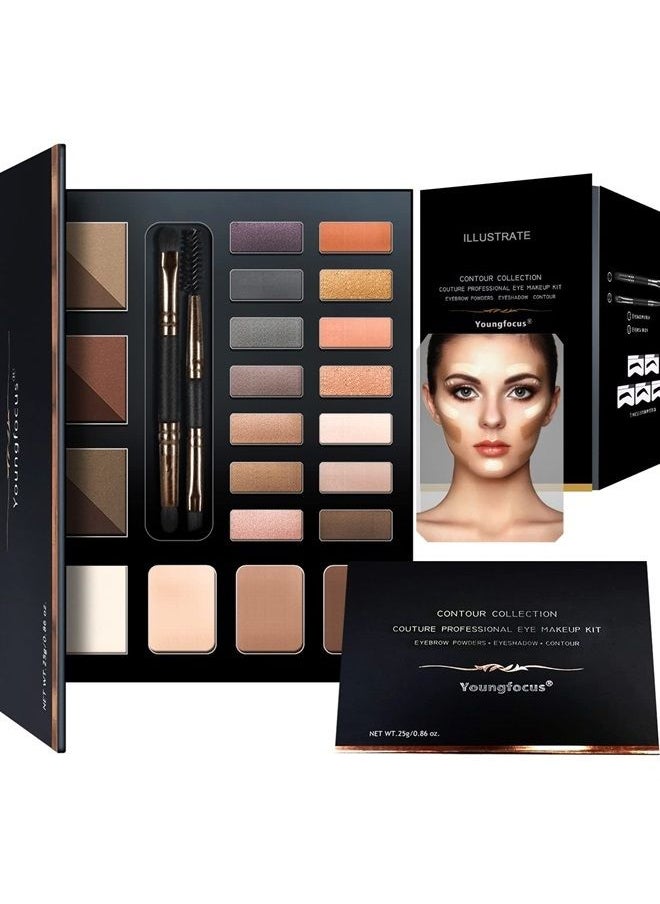 youngfocus - Youngfocus Eye Makeup Brow Contour Kit, 6 Waterproof Eyebrow Powders Palette Set, 5 Eyebrow Stencils,14 Highly Pigmented Eyeshadows, 3 Highlighter Contour Powders, Spoolie/Brush Duo, Eye Brow Wax - Be - Image 1