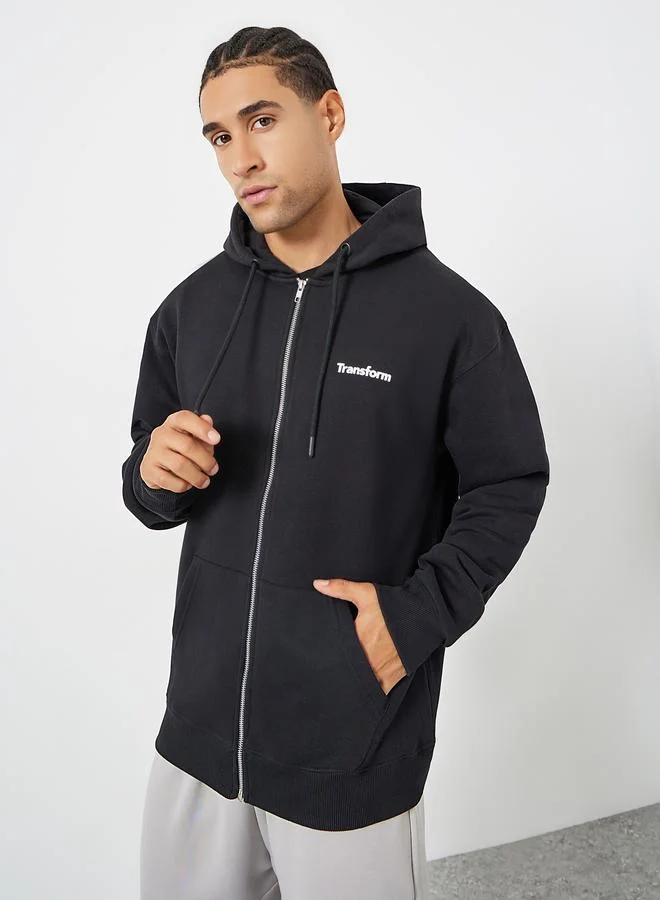 Styli Embroidered Black Relaxed Fit Fleece Hoodie