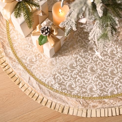 Valery Madelyn Christmas Tree Skirt for Tree Decorations 48 Inch Fabric White Gold Small Xmas Velvet Tree Skirt with Embroidery Baroque Pattern Pleated Border for Tree Merry Christmas Party Decor - Image 3