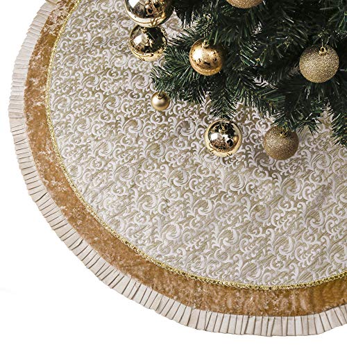 Valery Madelyn Christmas Tree Skirt for Tree Decorations 48 Inch Fabric White Gold Small Xmas Velvet Tree Skirt with Embroidery Baroque Pattern Pleated Border for Tree Merry Christmas Party Decor - Image 1