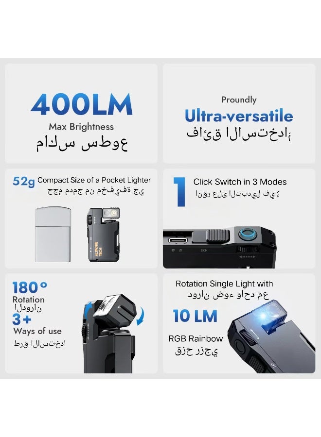 ألترون مصباح يدوي ALTRONE صغير قابل لإعادة الشحن من نوع G5، بقوة 400 لومن | مصباح يدوي مغناطيسي بسلسلة مفاتيح مع إضاءة RGB، ومشبك دوار 180 درجة، وشحن سريع من النوع C، ومصباح جيب مقاوم للماء للتخييم والتنزه والطوارئ. - Image 2