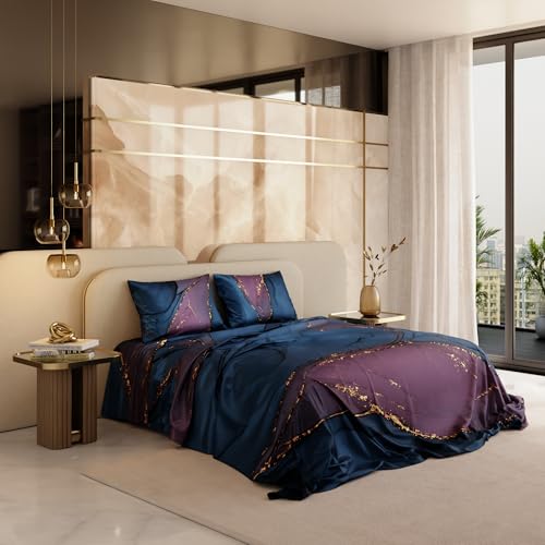 Stoa Paris 300TC UltraSatin Super Size Bedsheet with 2 Pillow Covers, 274cm x 274cm Ideal for King & Double Bed, Gentle on Skin & Hair, Fade & Wrinkle Resistant, Quick Dry, Louvre - Indigo, Purple - Image 1