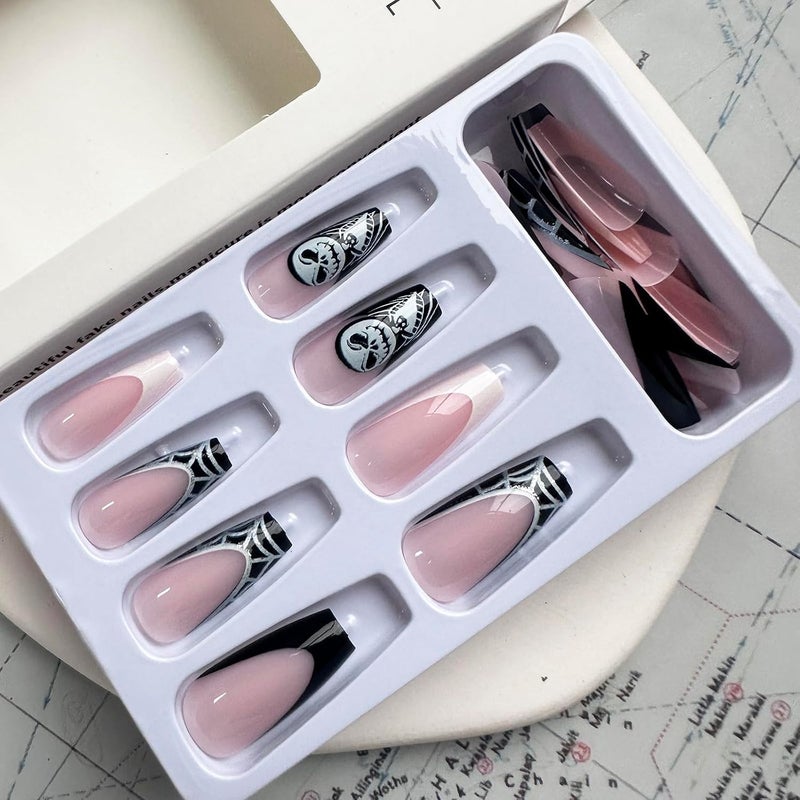 WULIUFLY Daily life matching design 24Pcs Halloween Press on Nails Square Medium Length Fake Nails French Skulls False Nails Full Cover Cute Acrylic Nails Black White Cobwebs Deigns Artificial Nails Glossy Glue on Nails for Women Major city pickup option - Image 3