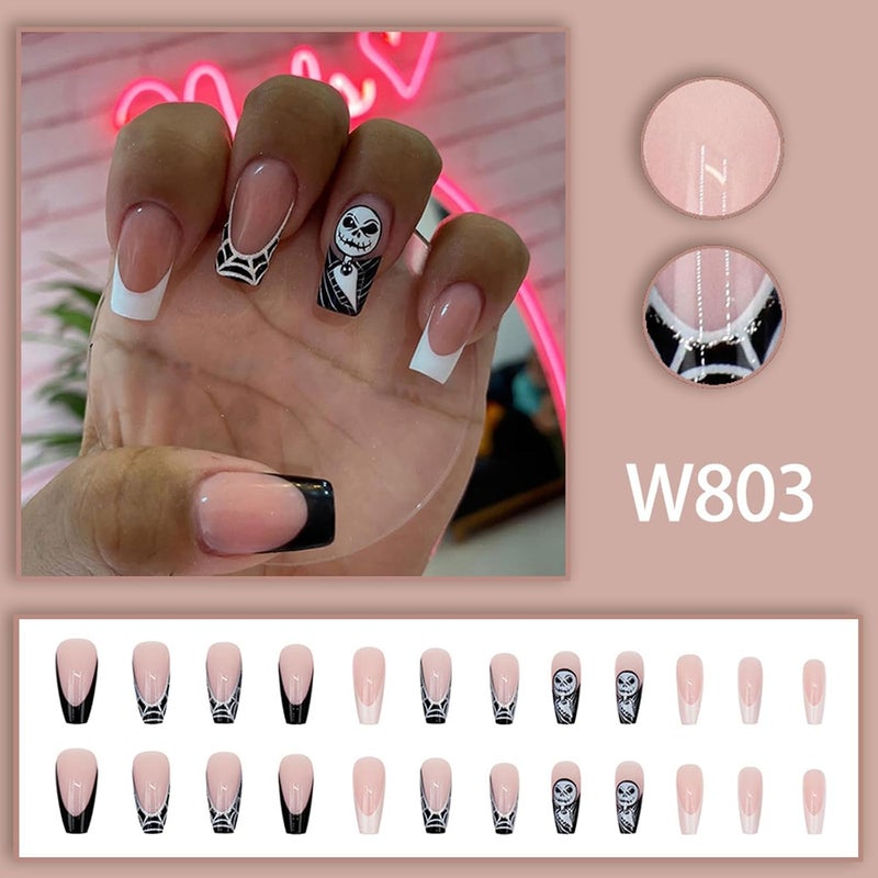 WULIUFLY Daily life matching design 24Pcs Halloween Press on Nails Square Medium Length Fake Nails French Skulls False Nails Full Cover Cute Acrylic Nails Black White Cobwebs Deigns Artificial Nails Glossy Glue on Nails for Women Major city pickup option - Image 5