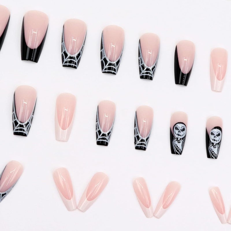 WULIUFLY Daily life matching design 24Pcs Halloween Press on Nails Square Medium Length Fake Nails French Skulls False Nails Full Cover Cute Acrylic Nails Black White Cobwebs Deigns Artificial Nails Glossy Glue on Nails for Women Major city pickup option - Image 4