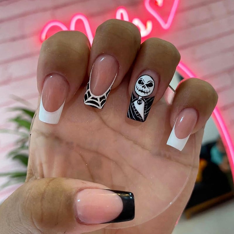 WULIUFLY Daily life matching design 24Pcs Halloween Press on Nails Square Medium Length Fake Nails French Skulls False Nails Full Cover Cute Acrylic Nails Black White Cobwebs Deigns Artificial Nails Glossy Glue on Nails for Women Major city pickup option - Image 1