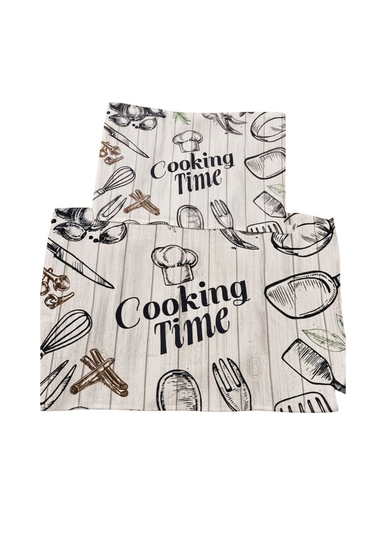 2-Piece Microfiber Kitchen Towel Set – COOKING TIME Chef Design – Beige – 1 Large Towel & 1 Small Towel – Soft & Highly Absorbent Kitchen Towels - Image 1