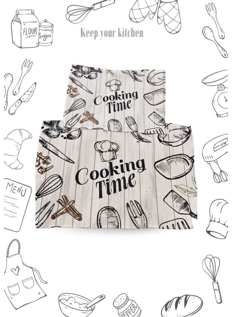 2-Piece Microfiber Kitchen Towel Set – COOKING TIME Chef Design – Beige – 1 Large Towel & 1 Small Towel – Soft & Highly Absorbent Kitchen Towels - Image 2