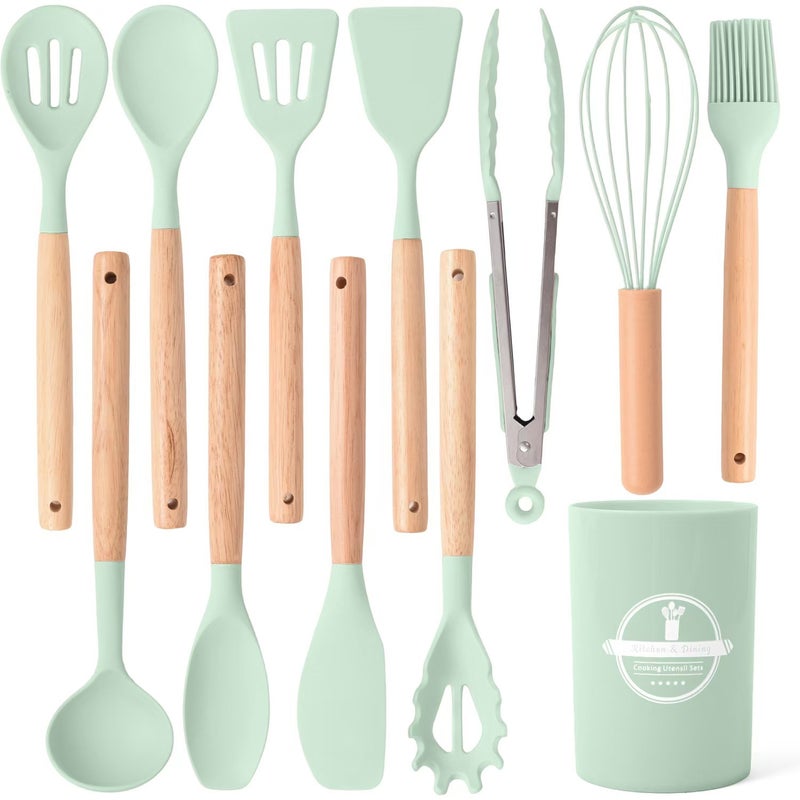 Cross-border wholesale wooden handle silicone kitchenware 12 pieces suit household high temperature resistant cooking silicone spatula soup spoon suit Fresh green